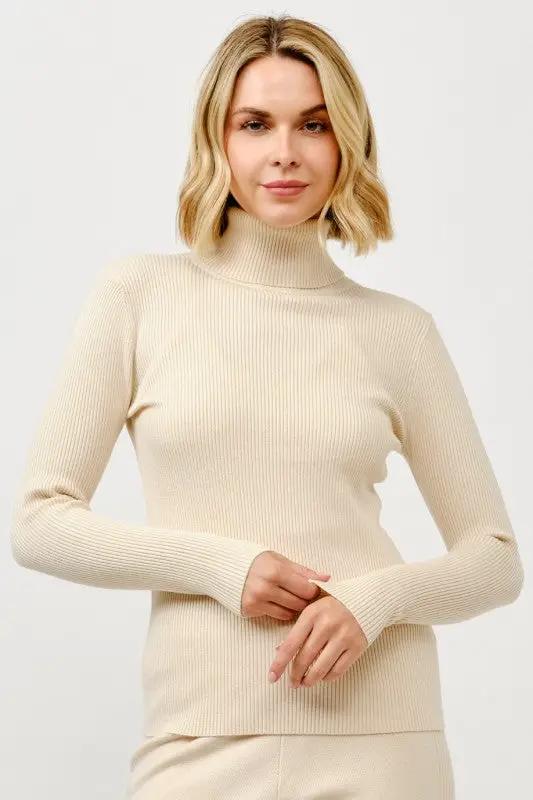 Suéter de Manga Larga Acanalado Cuello Tortuga para Mujer, Colo Khaki Beige by Cielo