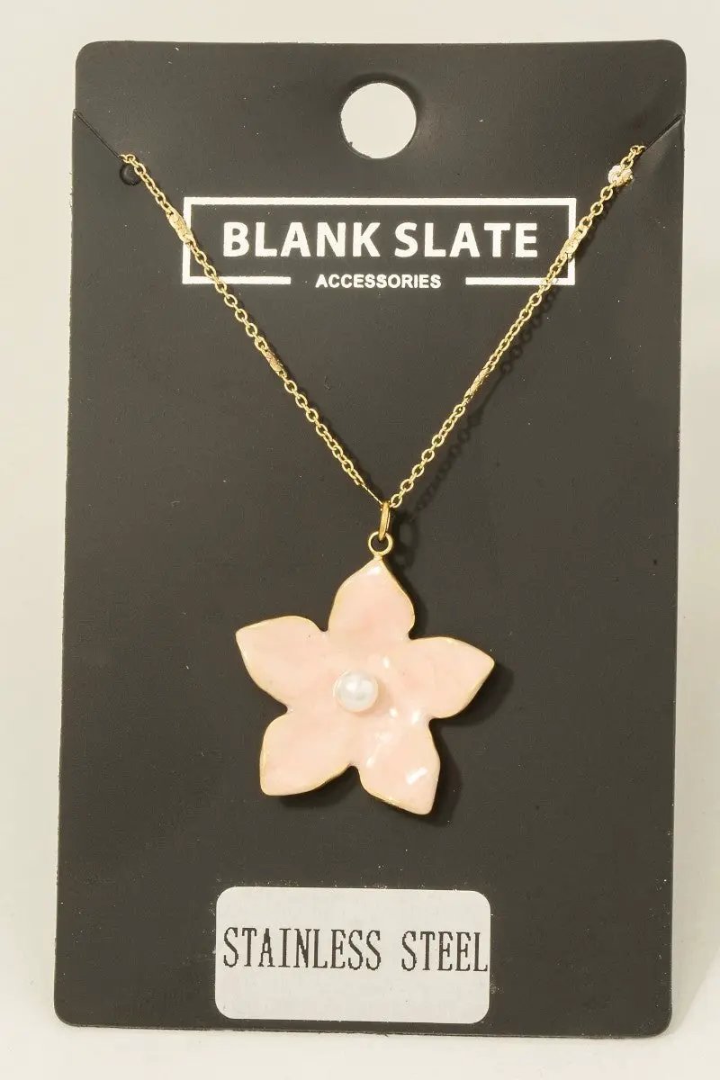 Stainless Steel Pearl Stud Enamel Flower Pendant Necklace by Fame Accessories