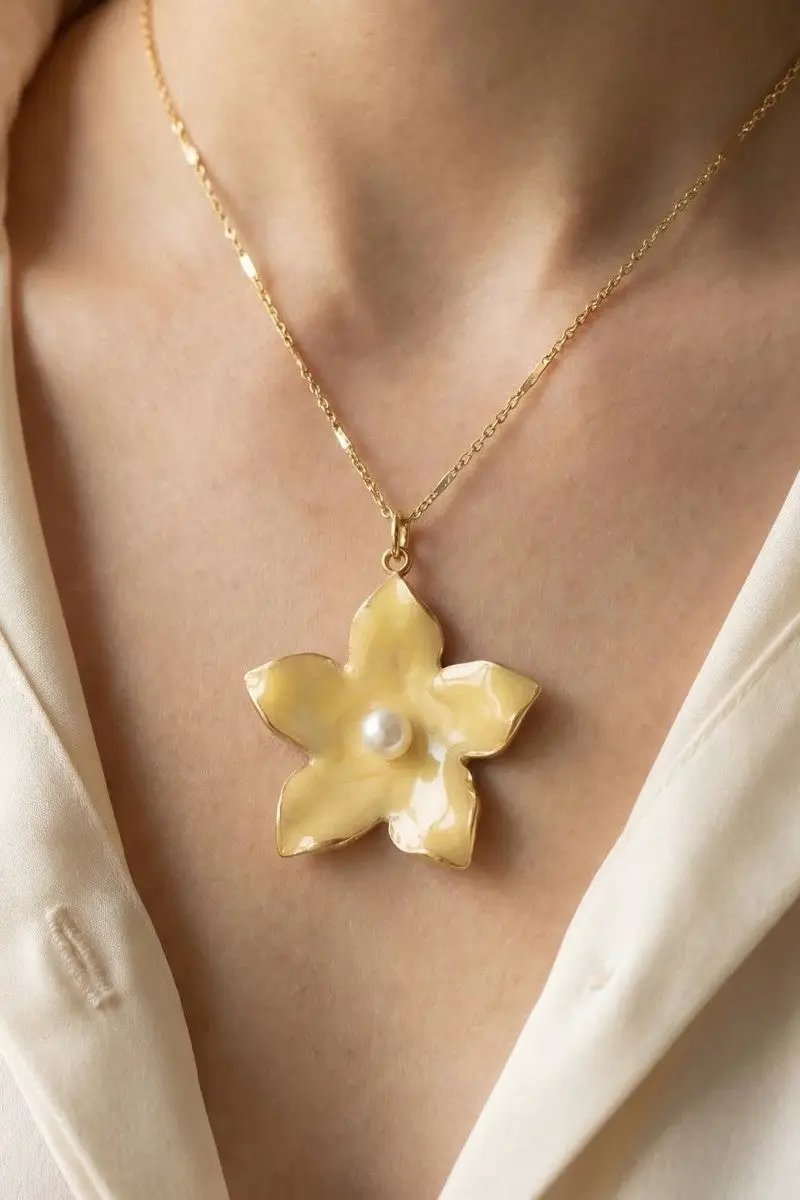 Stainless Steel Pearl Stud Enamel Flower Pendant Necklace by Fame Accessories