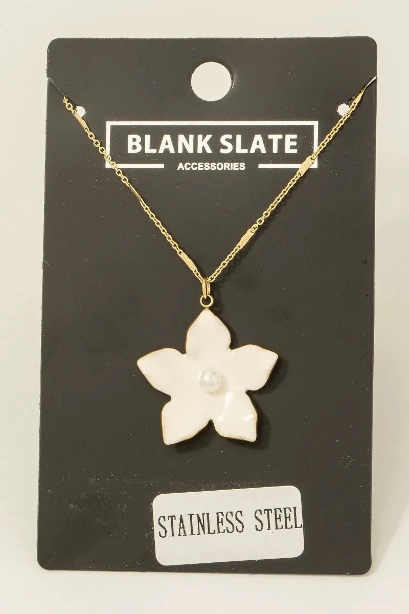 Stainless Steel Pearl Stud Enamel Flower Pendant Necklace by Fame Accessories