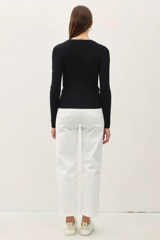 Suéter Blusa acanalado básico de manga larga con cuello redondo para mujer Negro by Be Cool