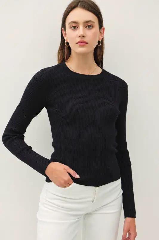 Suéter Blusa acanalado básico de manga larga con cuello redondo para mujer Negro by Be Cool