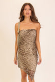 Vestido Strapless Estampado Leopardo Malla Ruched Asimétrico – Salida Nocturna