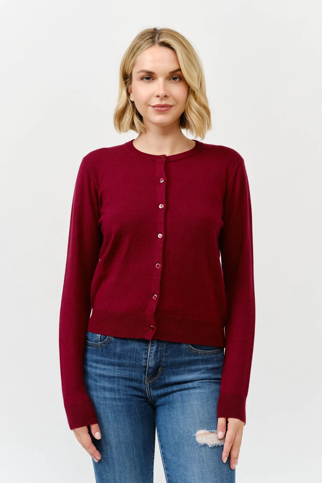 Cárdigan de Dama con Cuello Redondo y Botones - Estilo Clásico Rojo Burgundy by Cielo