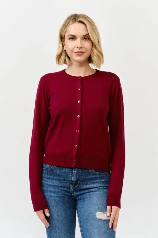 Cárdigan de Dama con Cuello Redondo y Botones - Estilo Clásico Rojo Burgundy by Cielo