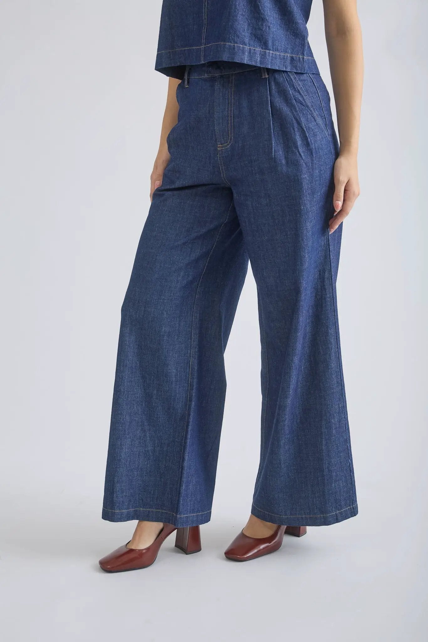 Blu Pepper High Waist Pleated Wide Leg Denim Pants – Full Length Cotton Jeans - Pants
