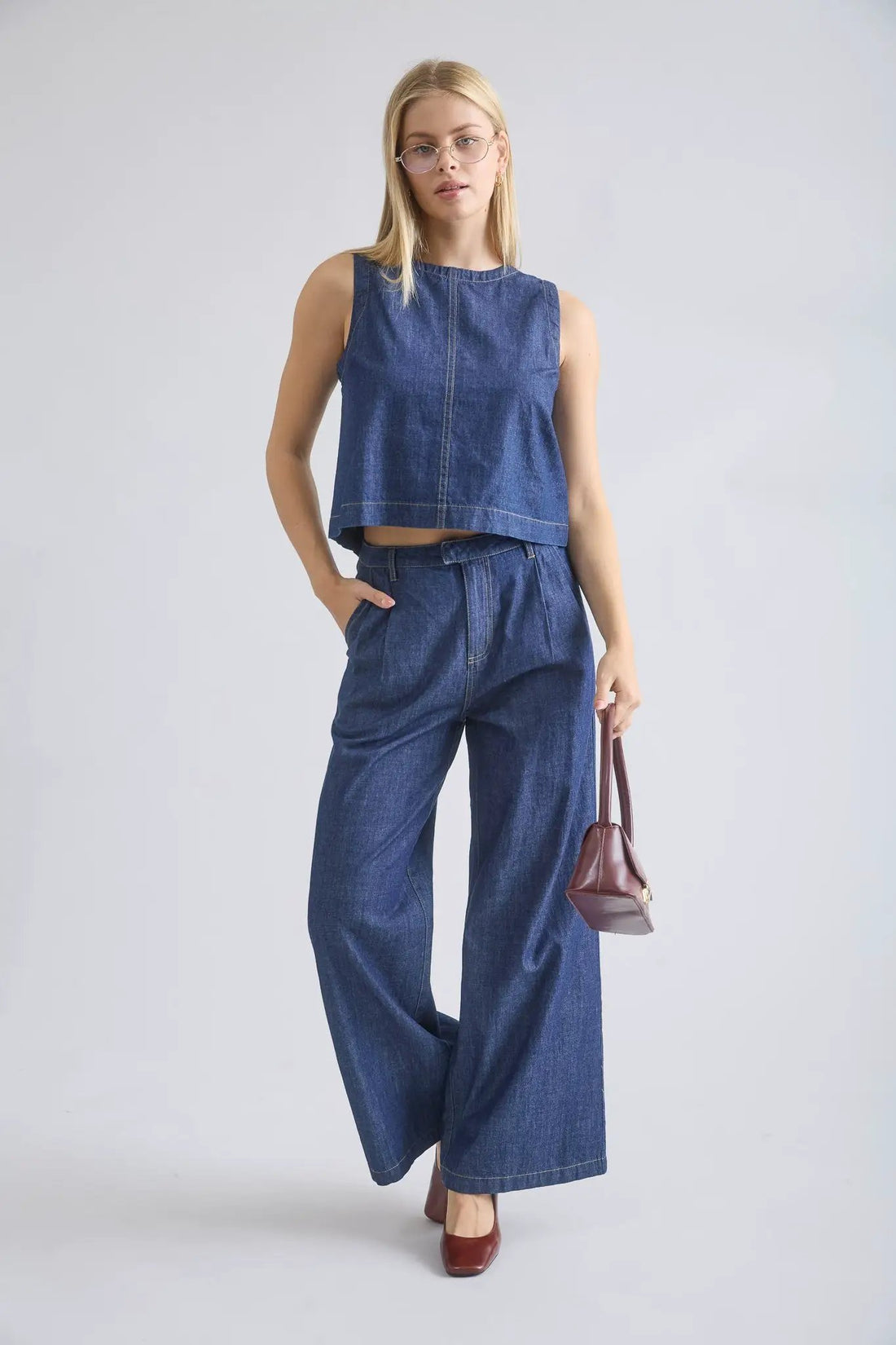 Blu Pepper High Waist Pleated Wide Leg Denim Pants – Full Length Cotton Jeans - Pants