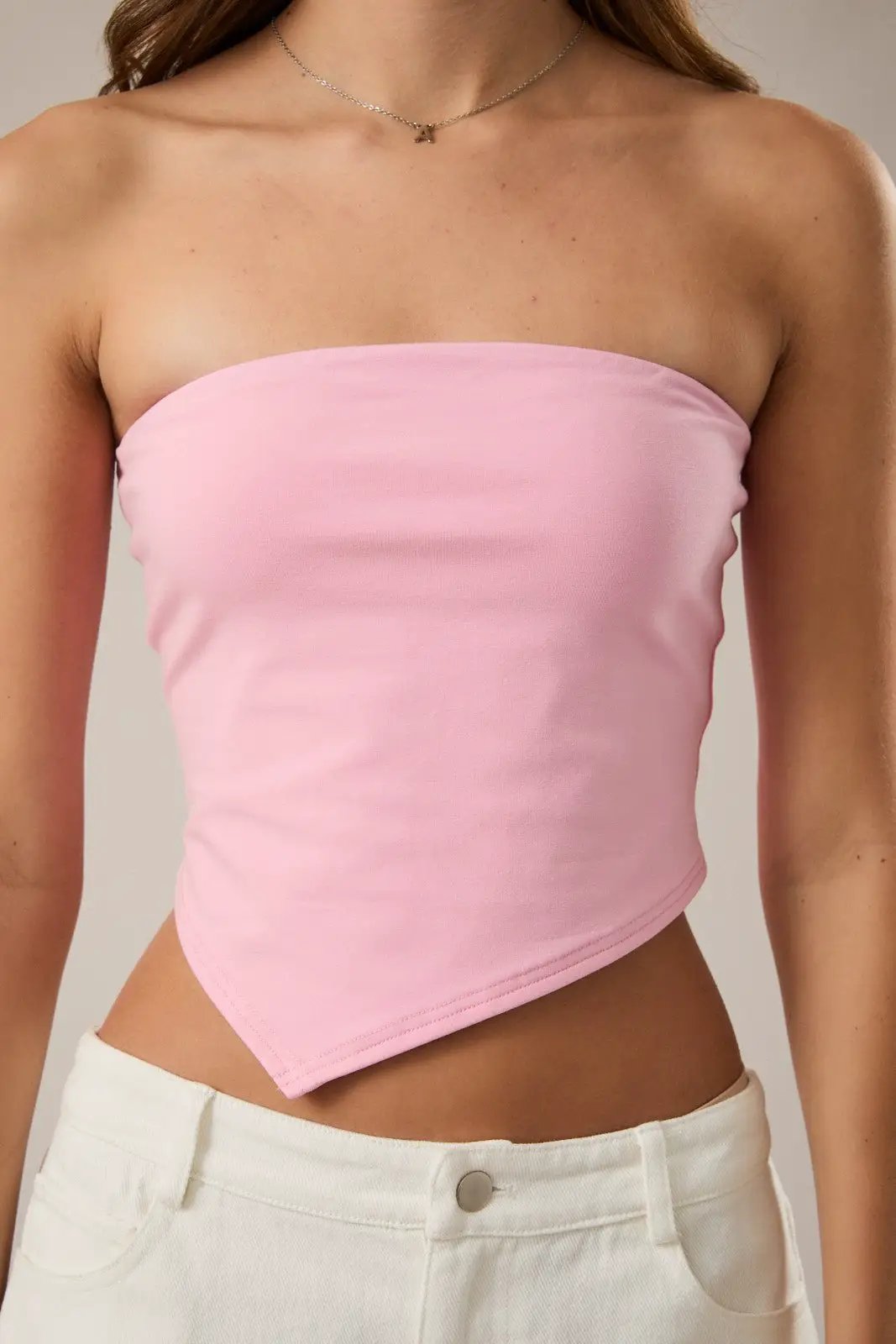 LE LIS Pink Double Lined Tube Top – Strapless Asymmetrical Hem Crop Top - Tops