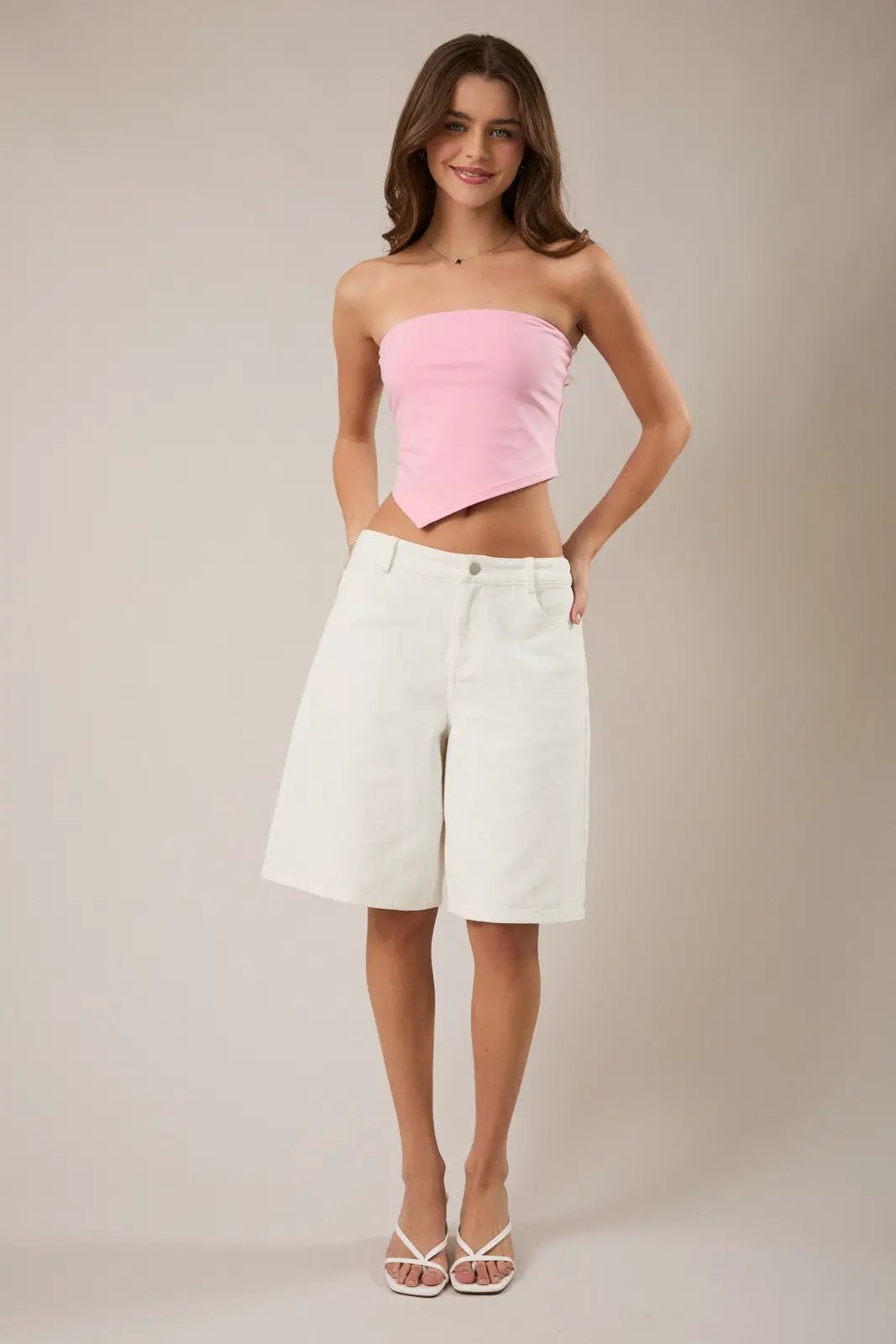 LE LIS Pink Double Lined Tube Top – Strapless Asymmetrical Hem Crop Top - Tops