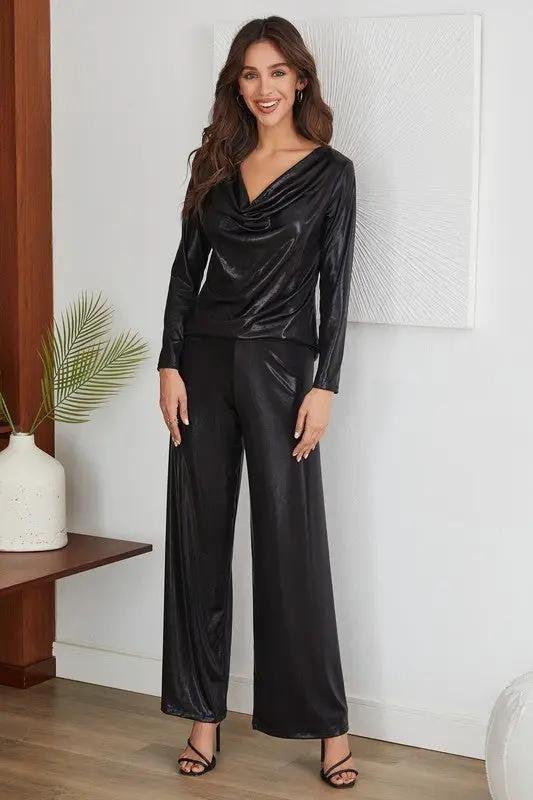 Pantalones Anchos Metálicos de Cintura Alta para Mujer by Venti6 Outlet