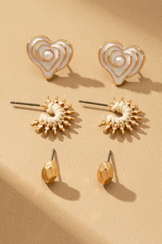 Set de 3 Pares de Aretes de Botón Dorados | Corazón Esmaltado, Espiral Boho y Orgánico Minimalista by LA3accessories