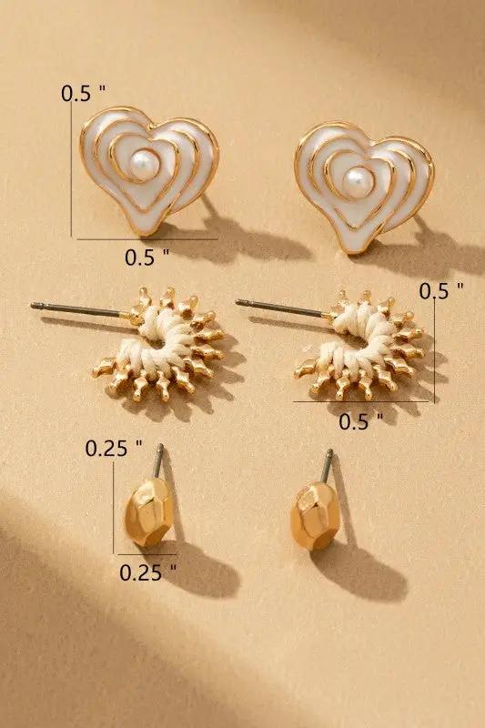Set de 3 Pares de Aretes de Botón Dorados | Corazón Esmaltado, Espiral Boho y Orgánico Minimalista by LA3accessories
