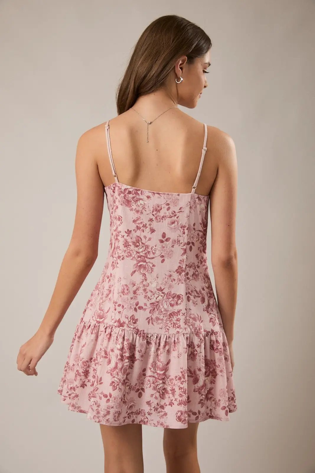 LE LIS Pink Rose Floral Spaghetti Strap Mini Dress – Linen Blend Ruched Bust Dress - Dresses