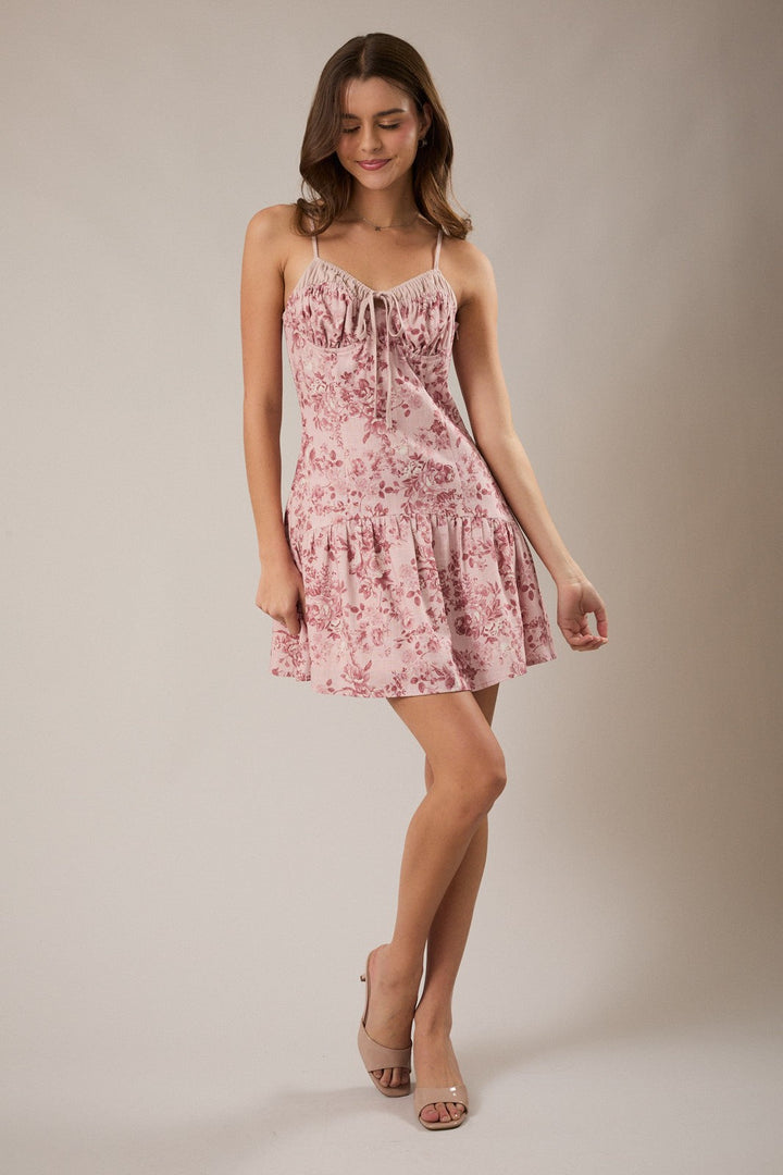 Vestido Corto de Lino con Estampado Floral Rosa y Tirantes Finos