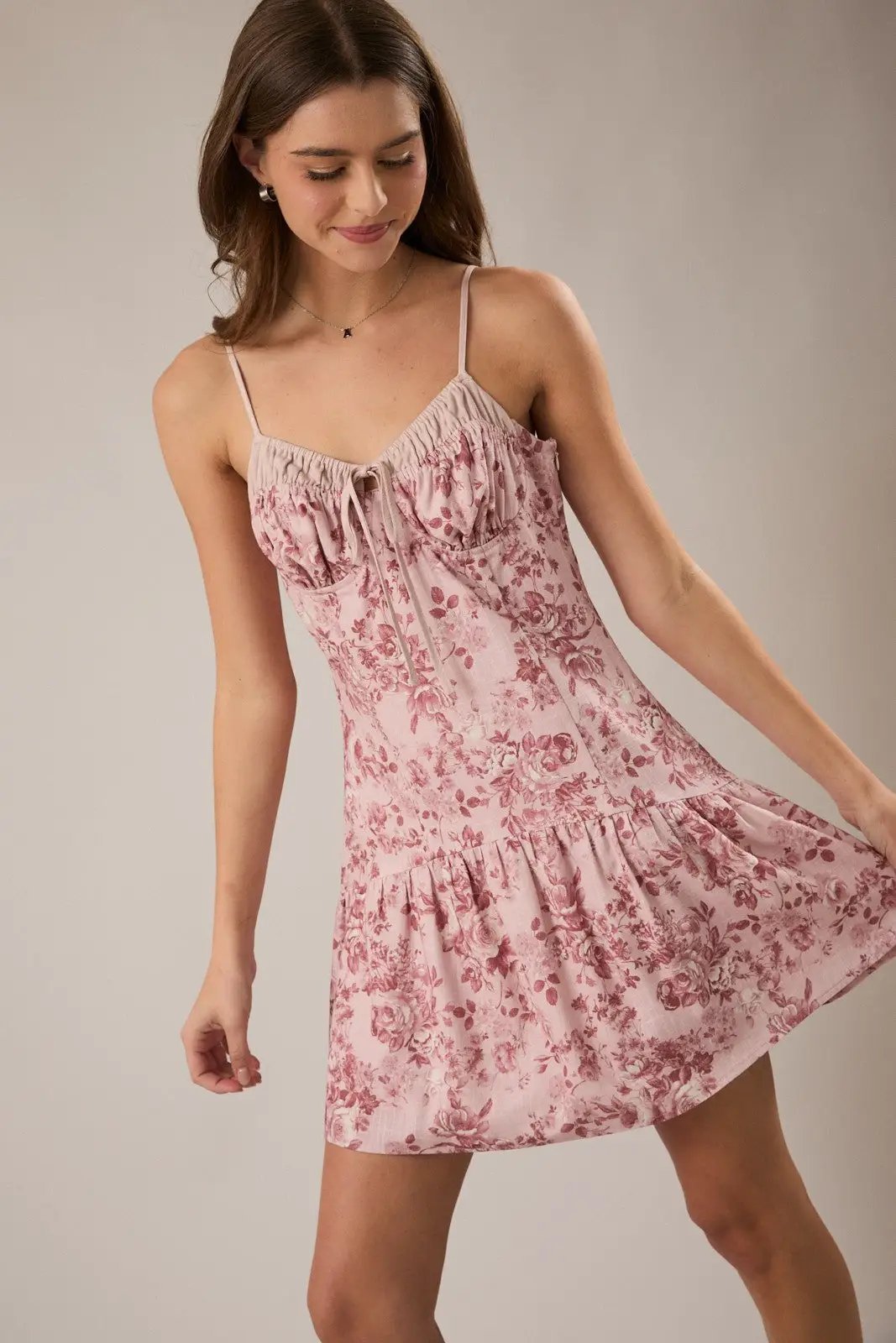 LE LIS Pink Rose Floral Spaghetti Strap Mini Dress – Linen Blend Ruched Bust Dress - Dresses