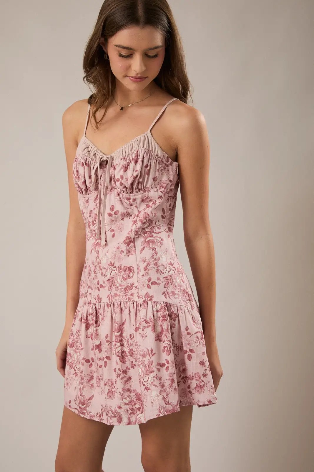LE LIS Pink Rose Floral Spaghetti Strap Mini Dress – Linen Blend Ruched Bust Dress - Dresses