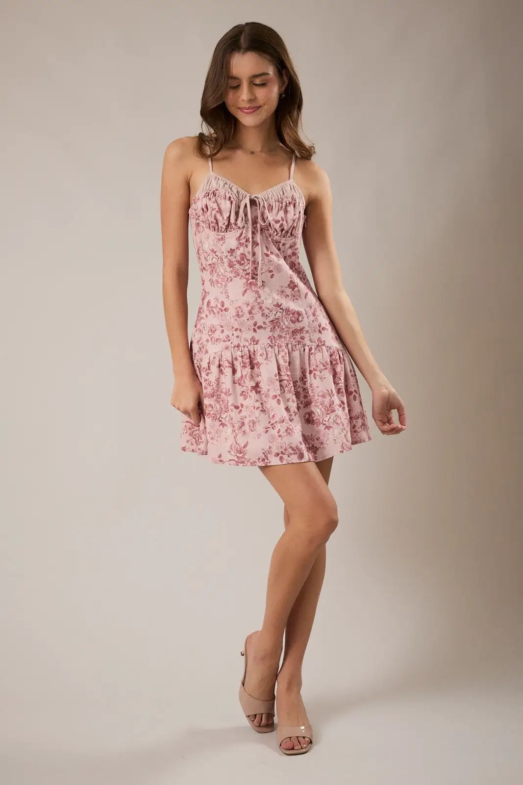 LE LIS Pink Rose Floral Spaghetti Strap Mini Dress – Linen Blend Ruched Bust Dress - Dresses