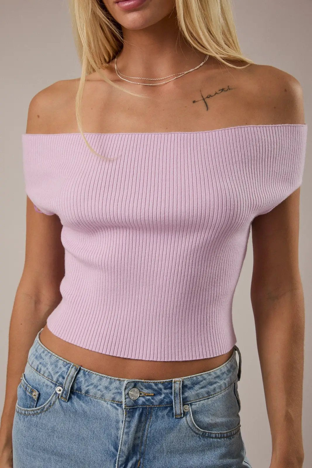 LE LIS Off Shoulder Ribbed Sweater Top – Soft Knit Foldover Crop Top - Tops