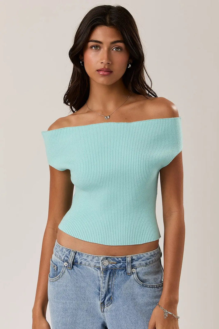 LE LIS Off Shoulder Ribbed Sweater Top – Soft Knit Foldover Crop Top - Tops