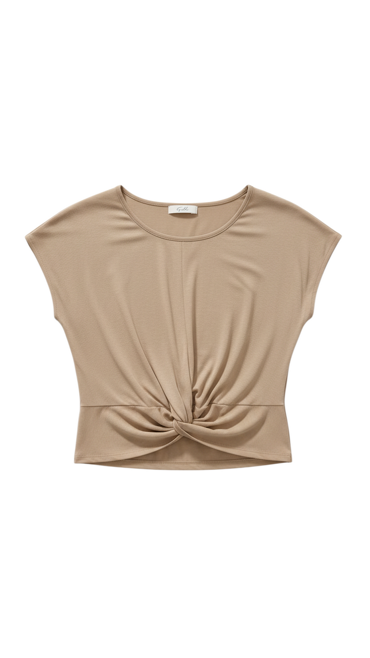 Beige Short Sleeve Knot Front Top