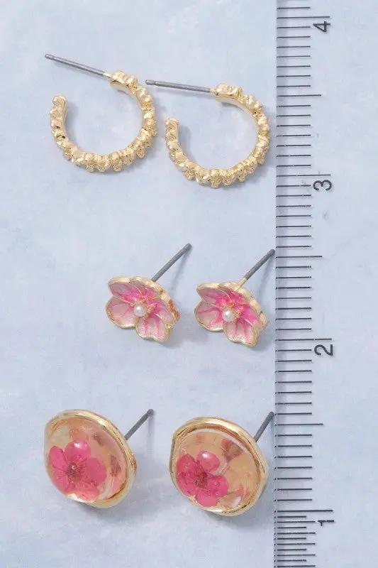 Three Pair Resin Pressed Flower Earrings Set by Fame Accessories
