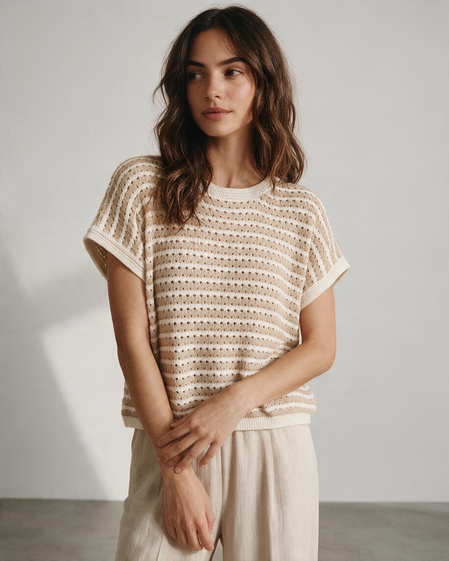 Top de Punto Crema con Textura a Rayas - Estilo Boutique