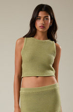 Top Corto de Punto Acanalado Verde sin Mangas con Cuello Redondo