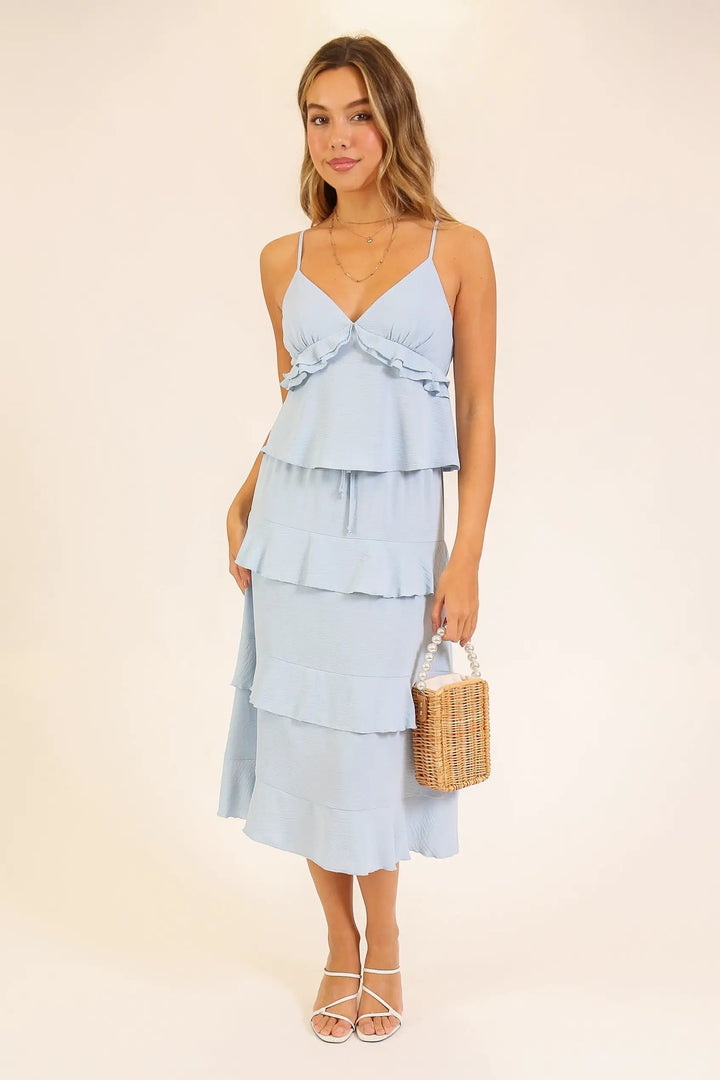 Falda Midi de Dama con Volantes en Capas Estilo Boho Chic, Azul by TIMING