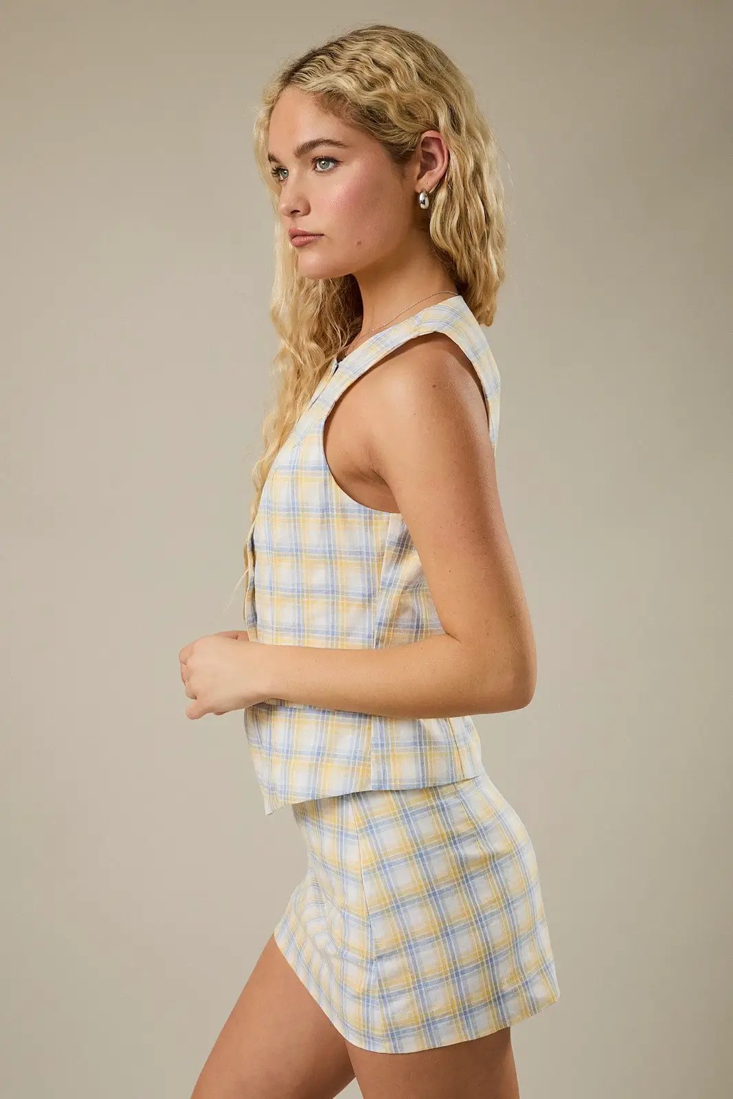 LE LIS Plaid Round Neck Button Front Vest Top – Yellow Blue Cotton Woven Sleeveless Top - Skirt Sets