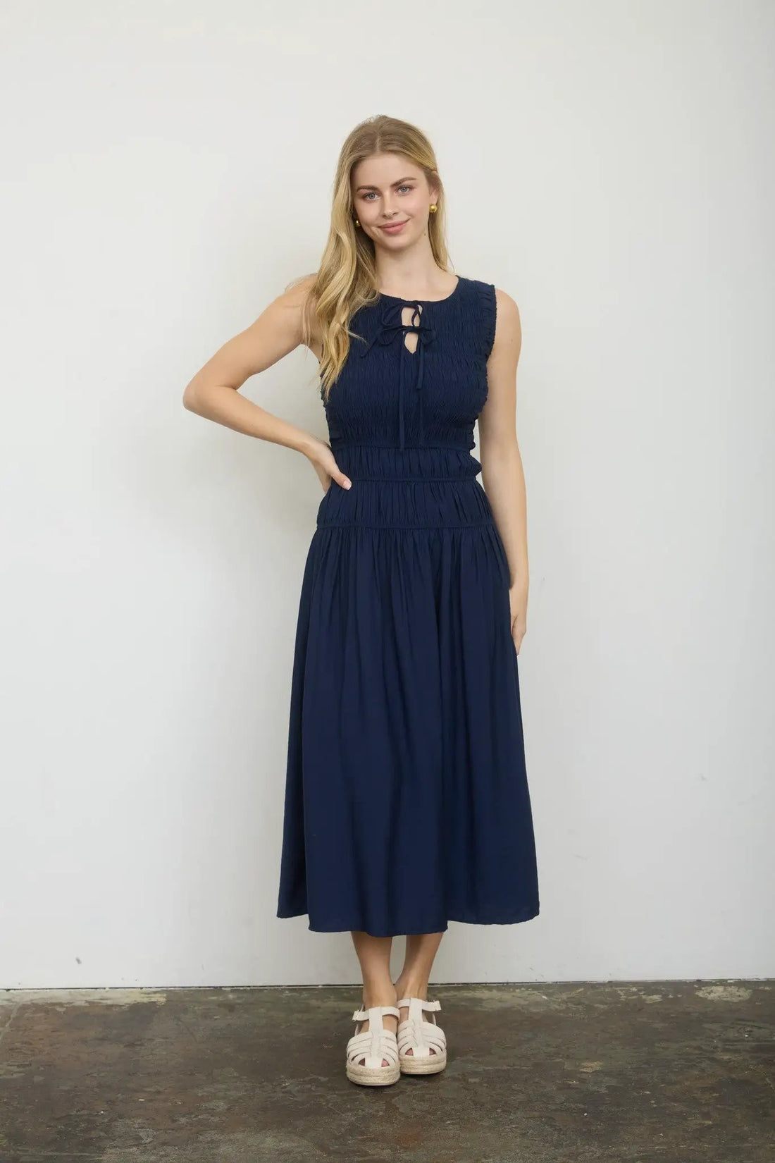 Blu Pepper Front Tie Smocked Sleeveless Midi Dress – Lined Shirred Bodice Summer Dress - Dresses
