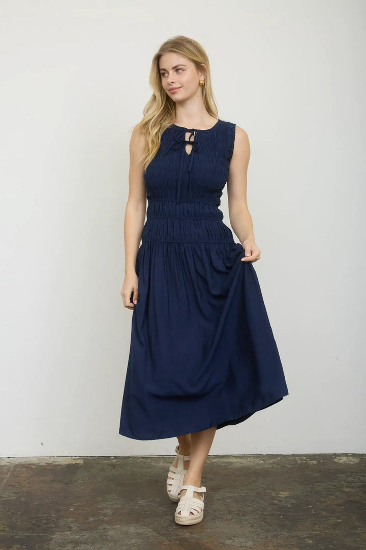 Blu Pepper Front Tie Smocked Sleeveless Midi Dress – Lined Shirred Bodice Summer Dress - Dresses