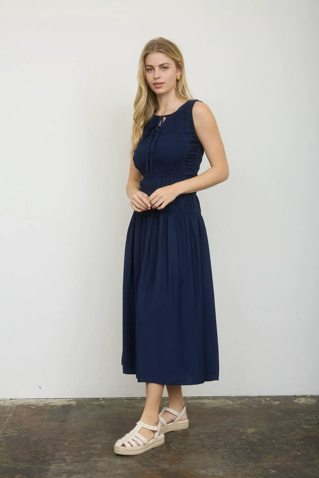 Blu Pepper Front Tie Smocked Sleeveless Midi Dress – Lined Shirred Bodice Summer Dress - Dresses