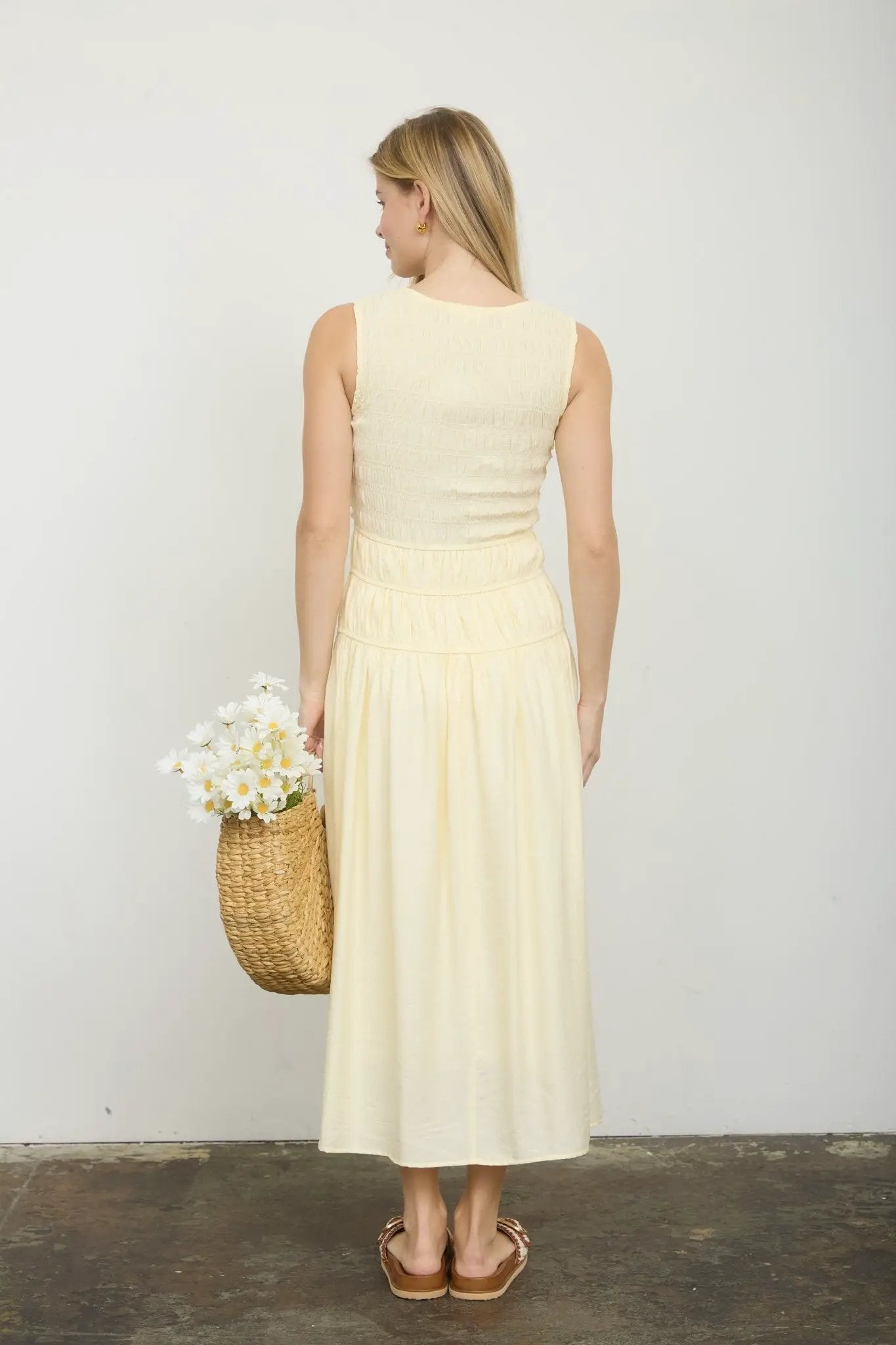Blu Pepper Front Tie Smocked Sleeveless Midi Dress – Lined Shirred Bodice Summer Dress - Dresses