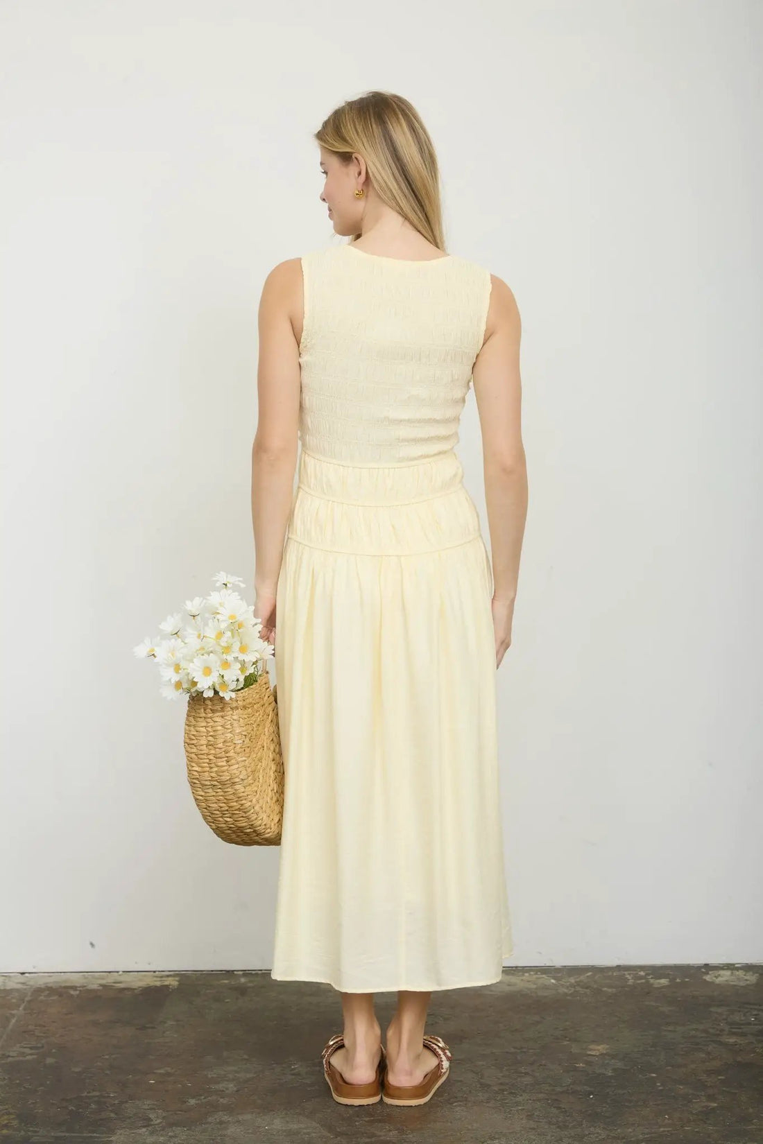 Blu Pepper Front Tie Smocked Sleeveless Midi Dress – Lined Shirred Bodice Summer Dress - Dresses