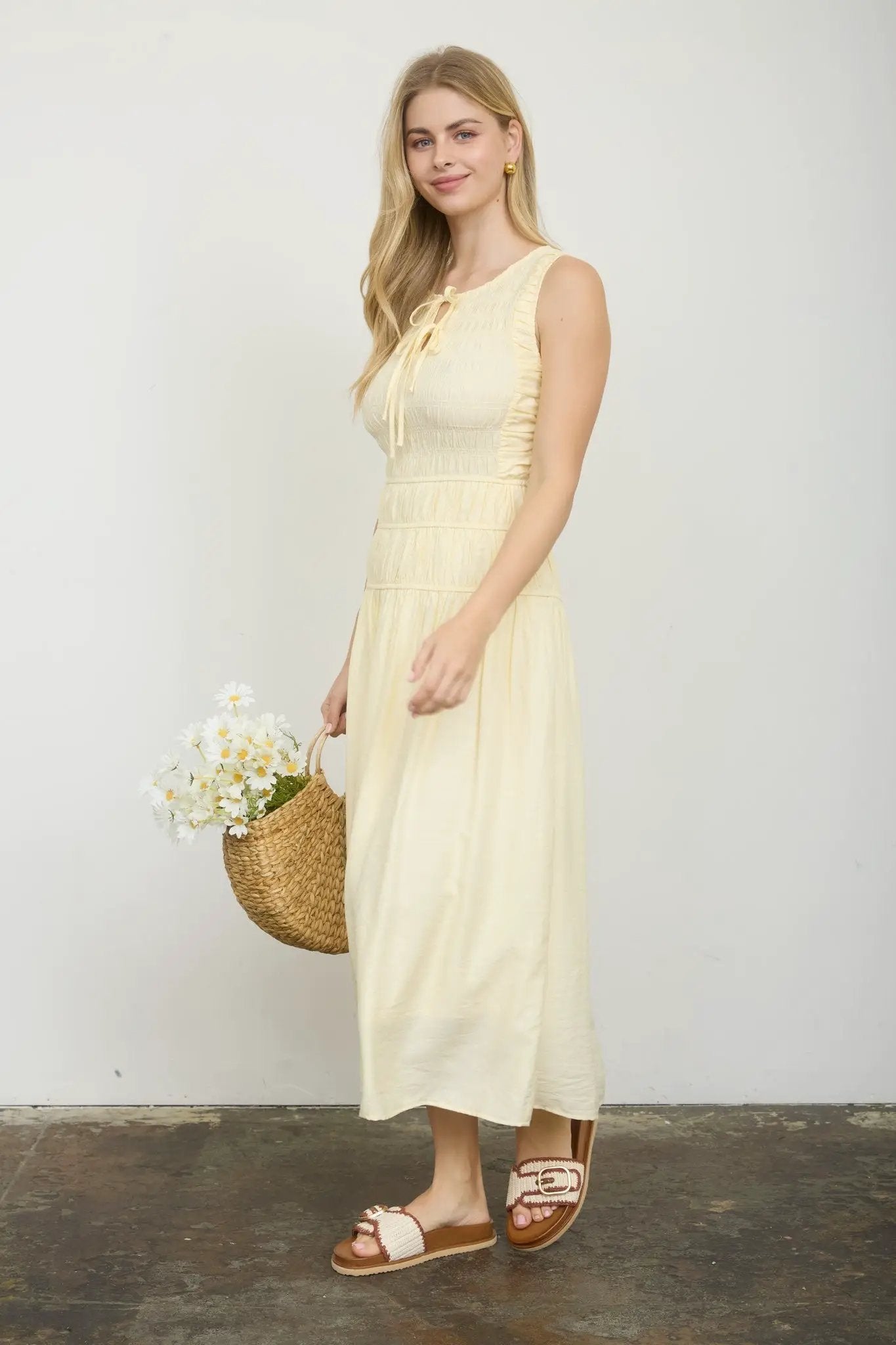 Blu Pepper Front Tie Smocked Sleeveless Midi Dress – Lined Shirred Bodice Summer Dress - Dresses