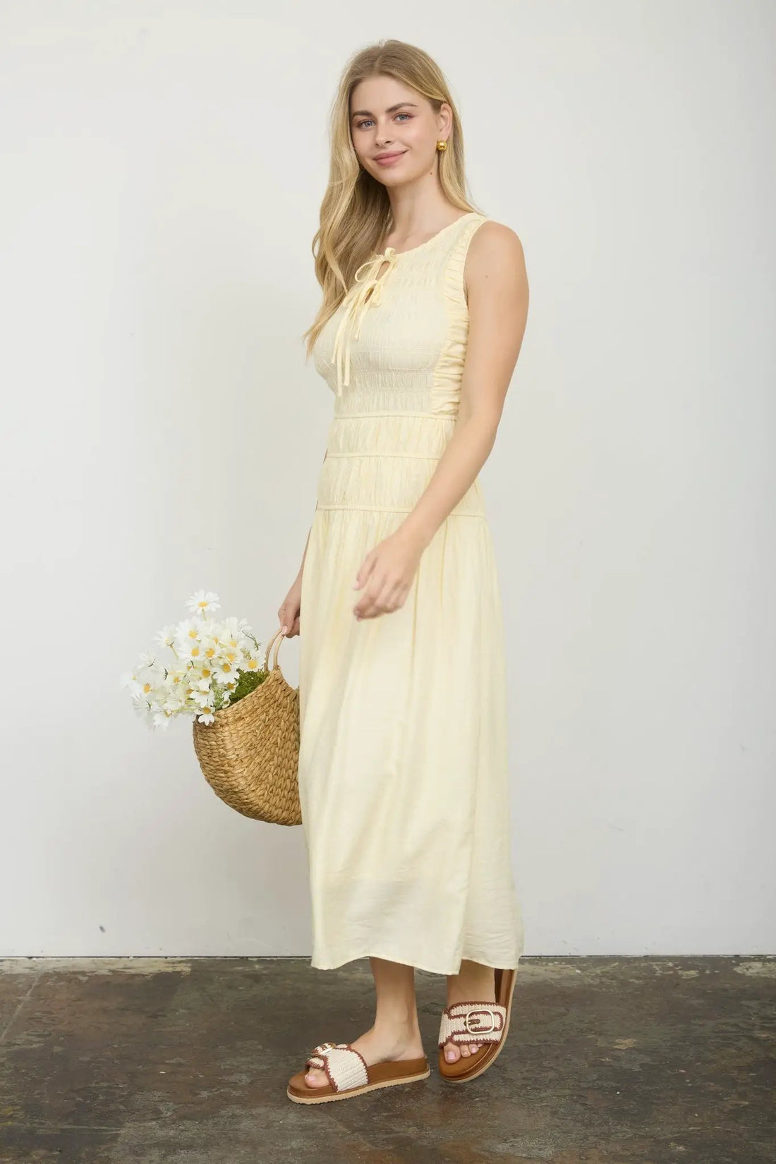 Blu Pepper Front Tie Smocked Sleeveless Midi Dress – Lined Shirred Bodice Summer Dress - Dresses