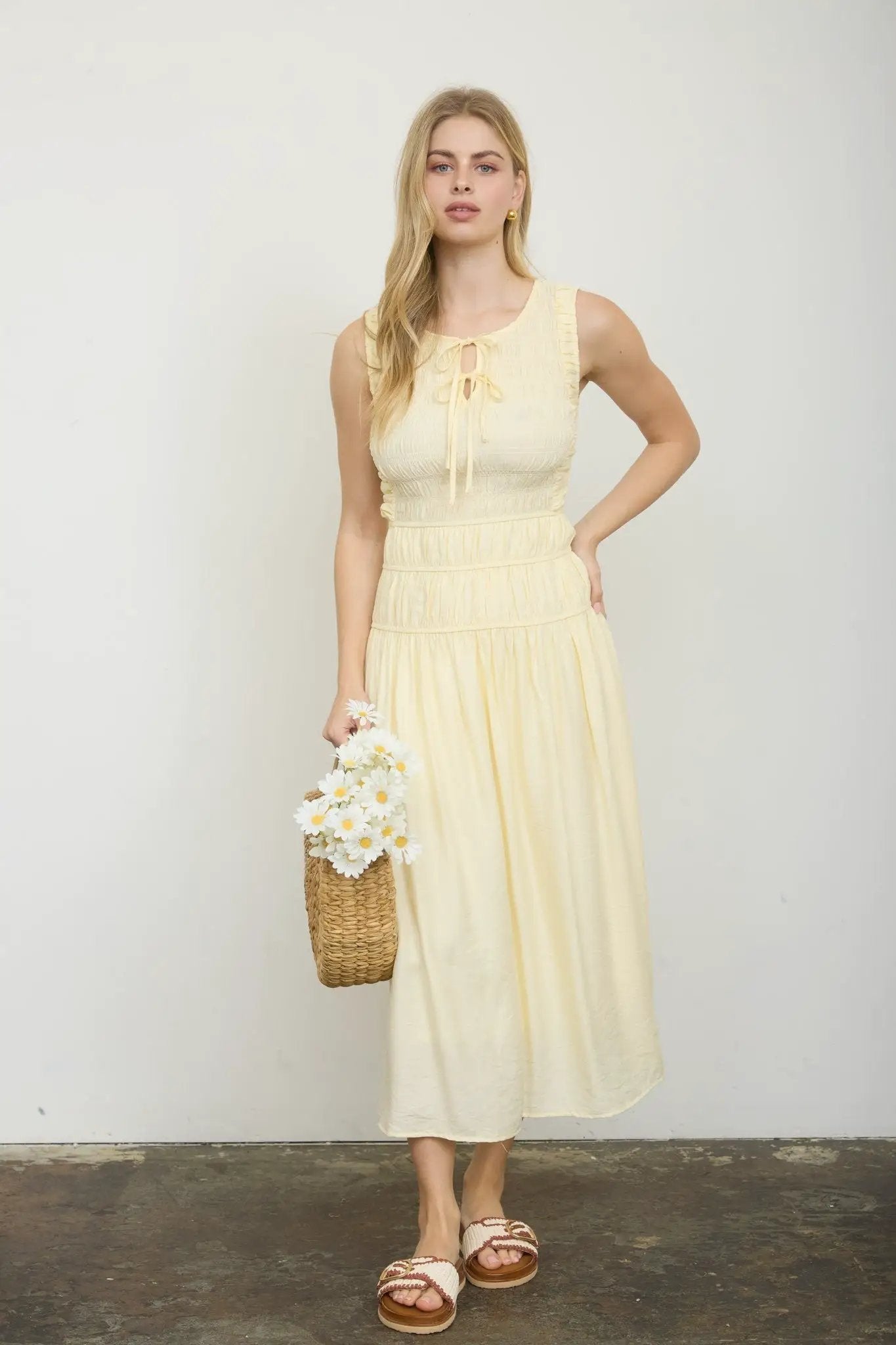 Blu Pepper Front Tie Smocked Sleeveless Midi Dress – Lined Shirred Bodice Summer Dress - Dresses
