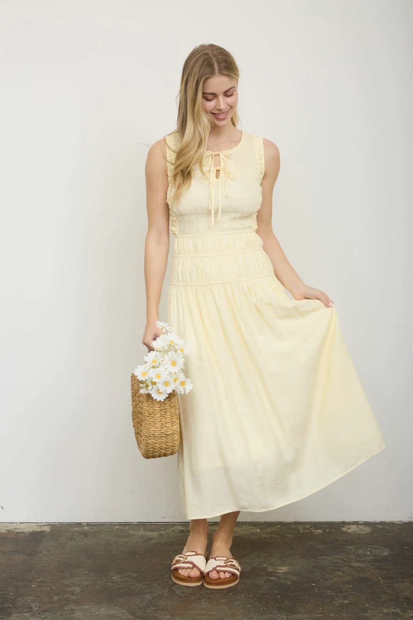 Blu Pepper Front Tie Smocked Sleeveless Midi Dress – Lined Shirred Bodice Summer Dress - Dresses