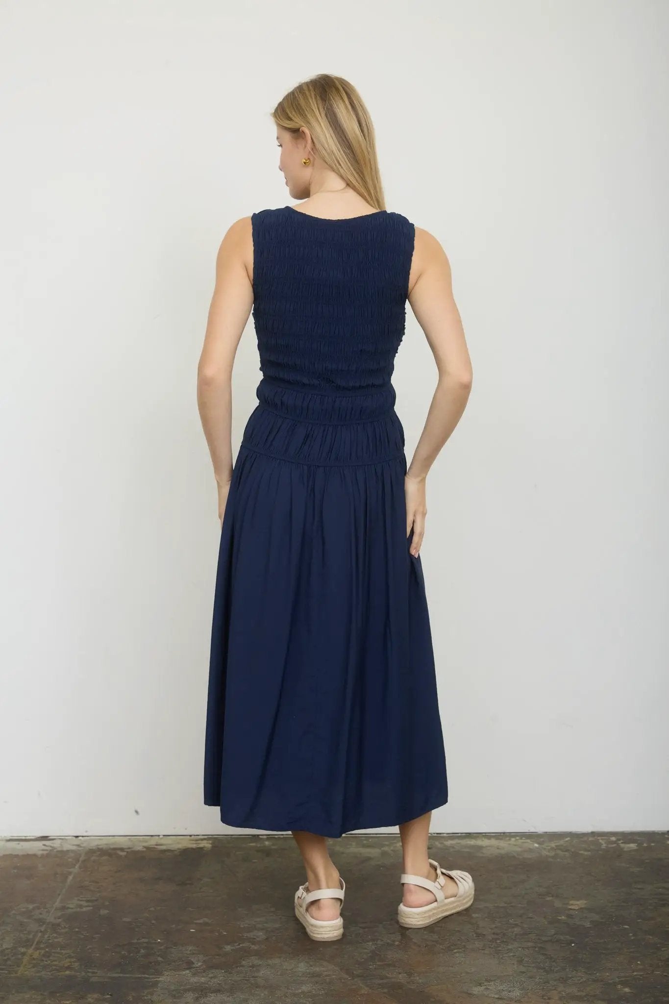 Blu Pepper Front Tie Smocked Sleeveless Midi Dress – Lined Shirred Bodice Summer Dress - Dresses