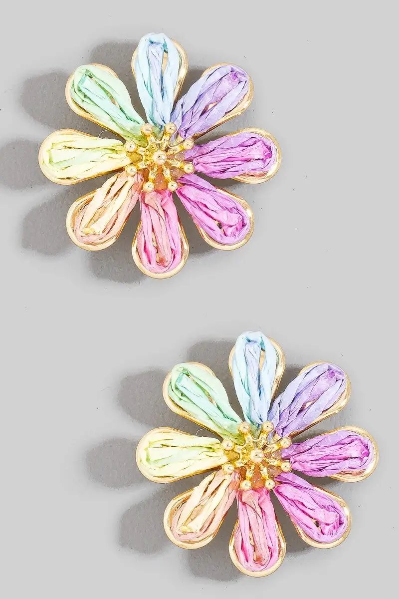 Pendientes de Botón con Flores de Rafia Multicolor by Fame Accessories