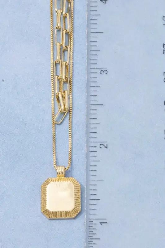 Gold Dipped Square Pendant Layered Chains Necklace by Fame Accessories