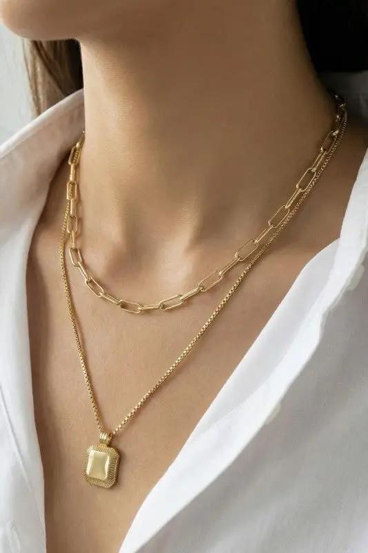 Gold Dipped Square Pendant Layered Chains Necklace by Fame Accessories