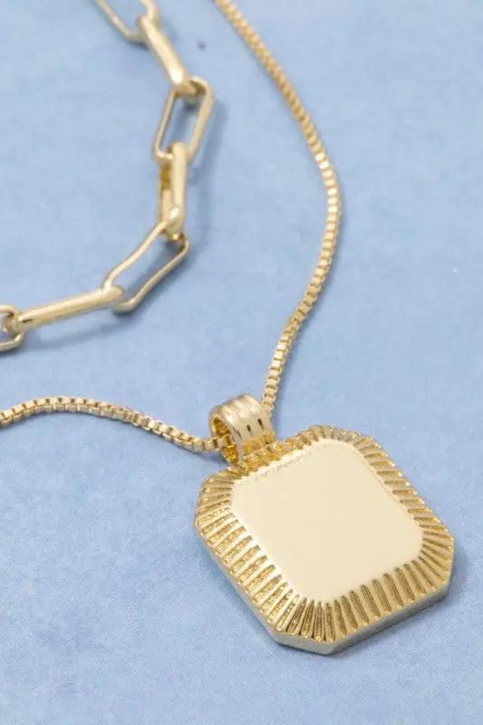 Gold Dipped Square Pendant Layered Chains Necklace by Fame Accessories