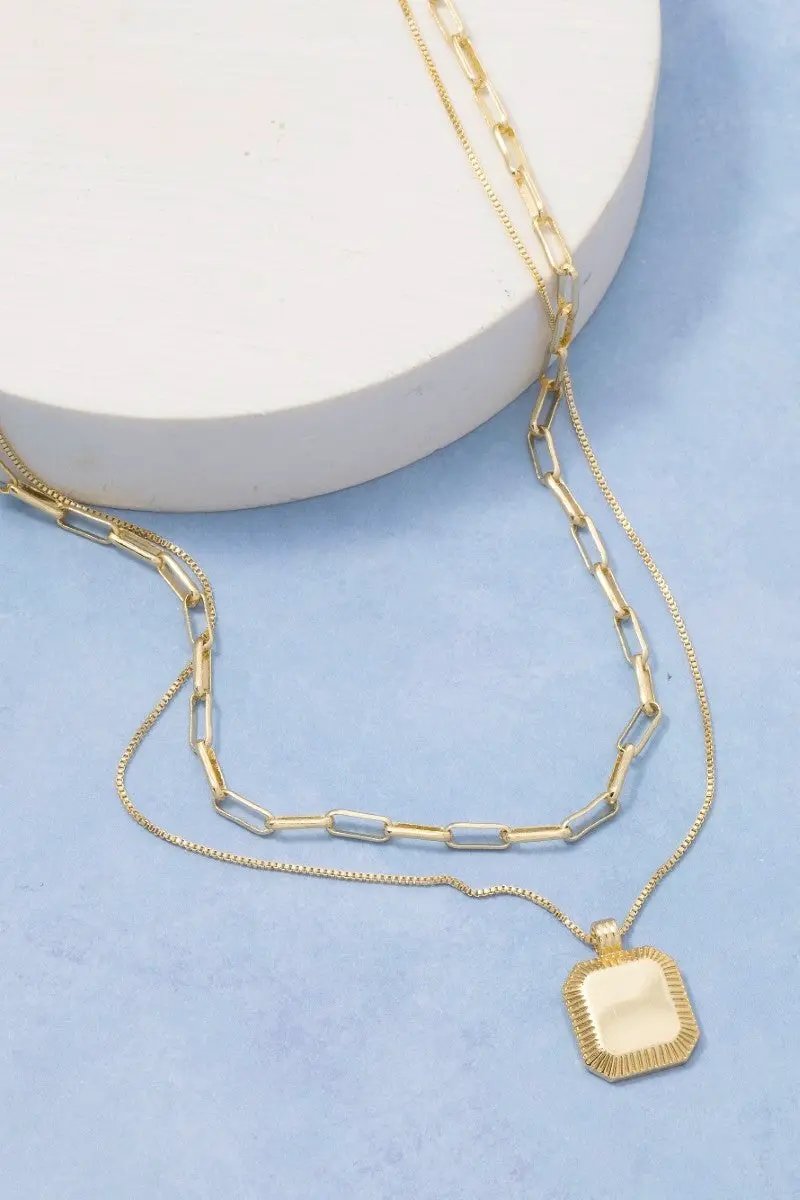 Gold Dipped Square Pendant Layered Chains Necklace by Fame Accessories