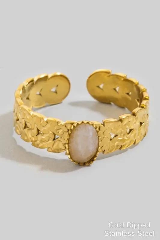 Gold Dipped Stainless Steel Oval Stone Ring by Fame Accessories