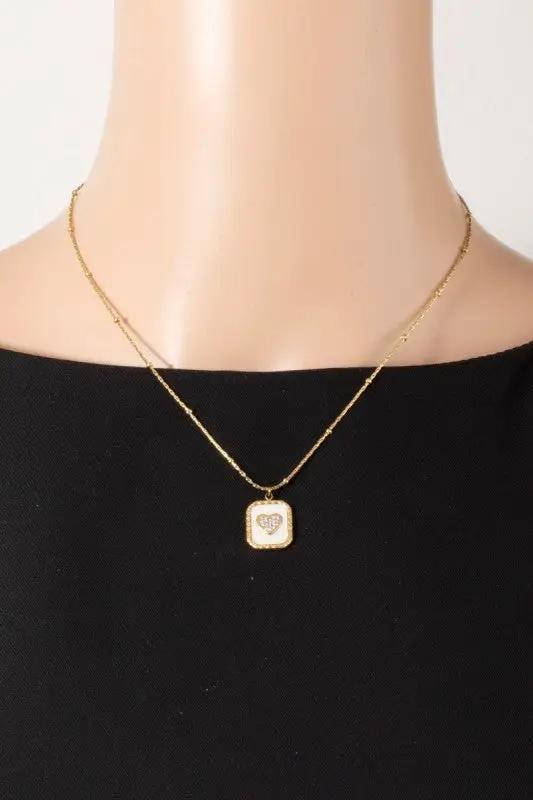 Mother Of Pearl Crystal Heart Rectangle Pendant Necklace by Fame Accessories