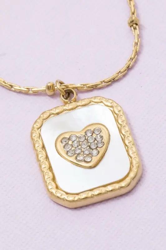 Mother Of Pearl Crystal Heart Rectangle Pendant Necklace by Fame Accessories