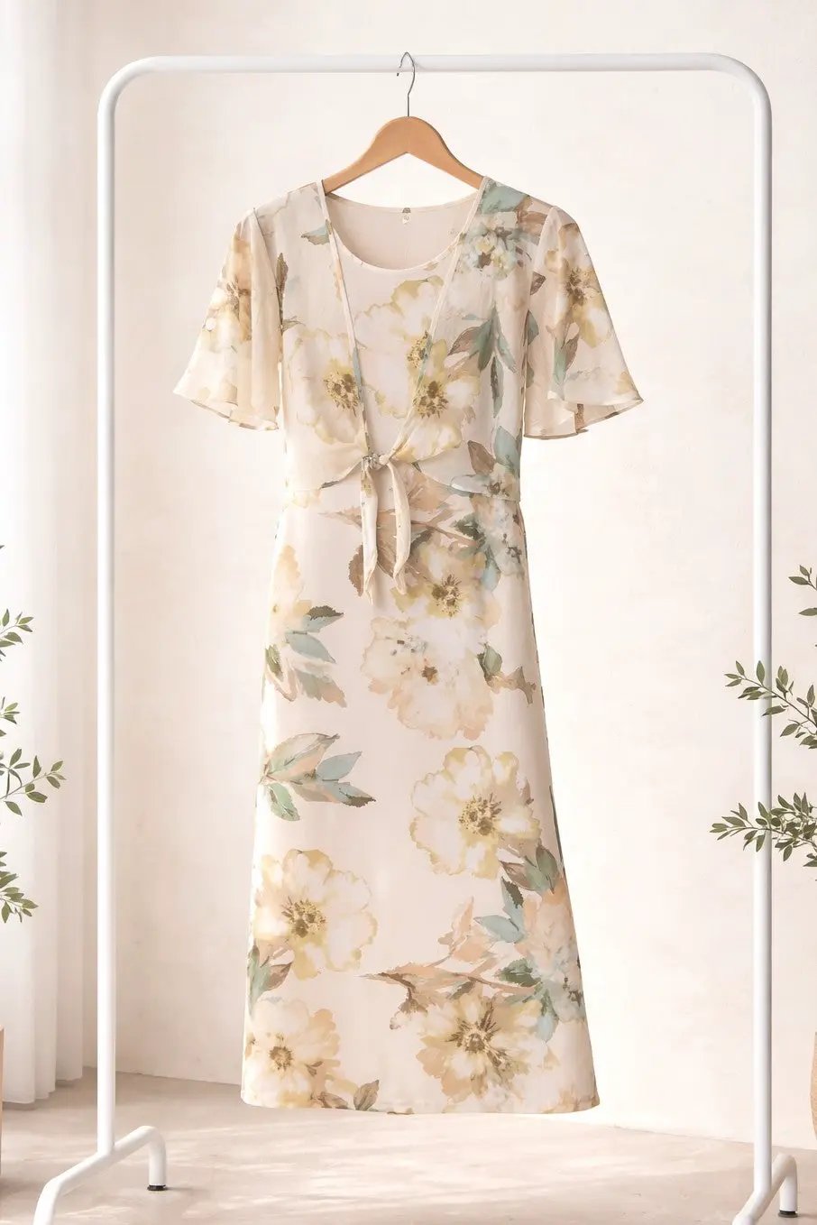 Vestido Midi Estampado de 2 Piezas con Bolero de Tul Transparente by Winslow Collection