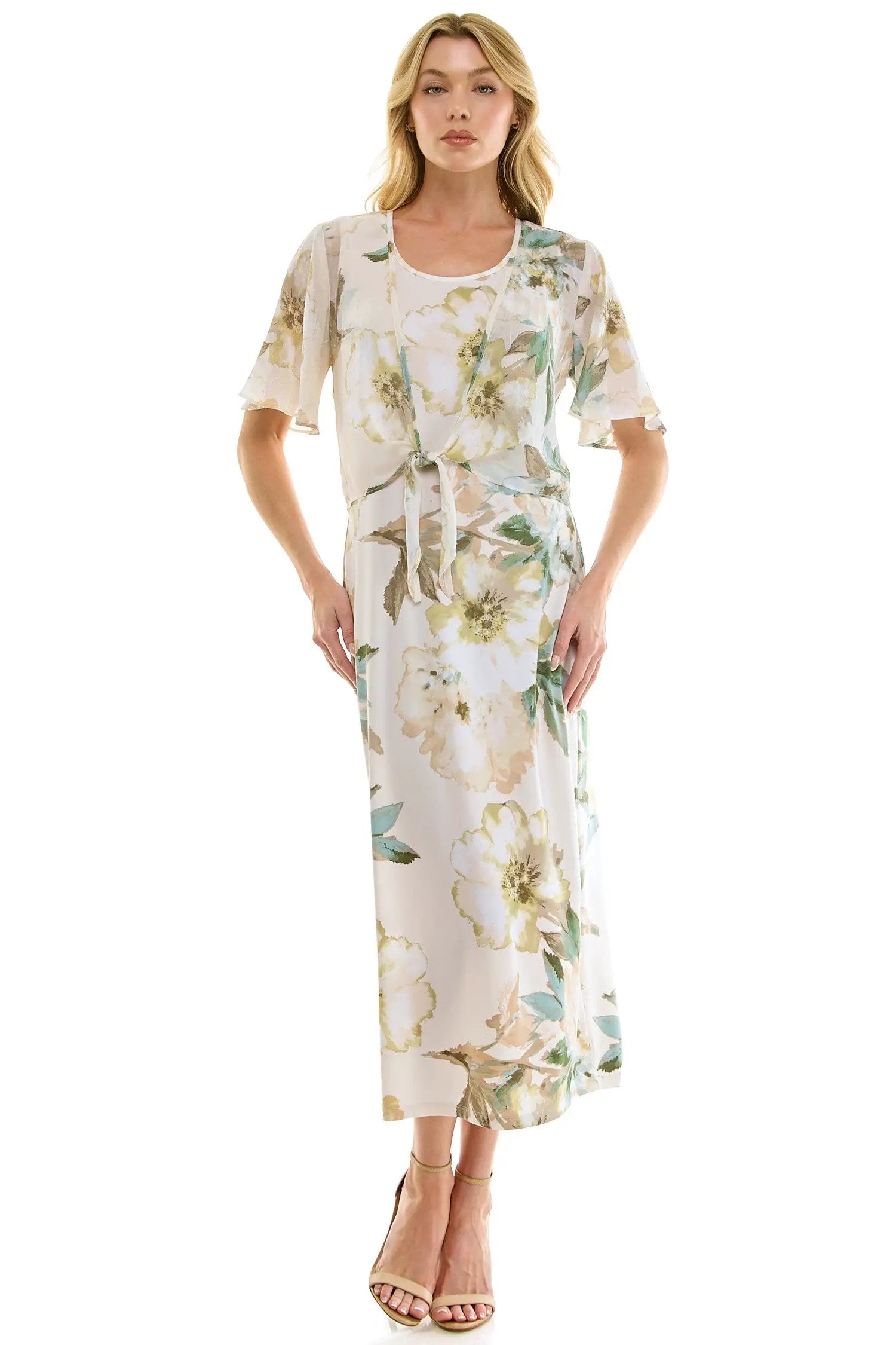 Vestido Midi Estampado de 2 Piezas con Bolero de Tul Transparente by Winslow Collection