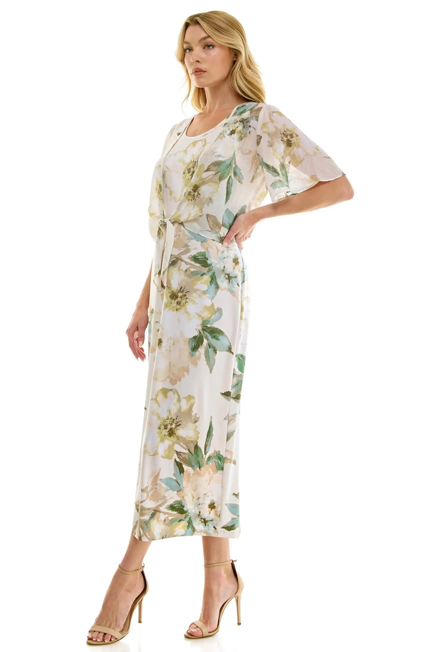 Vestido Midi Estampado de 2 Piezas con Bolero de Tul Transparente by Winslow Collection